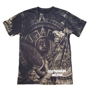 Vintage Y2K Aztec Teotihuacan Mexico Sz S-M Mens All Print T-Shirt Black AOP